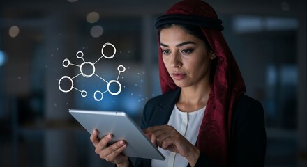 Middle eastern woman analyzing digital data on tablet in office
