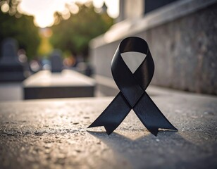 Black ribbon on a stone surface, with out-of-focus tombstones and a sunset glow
