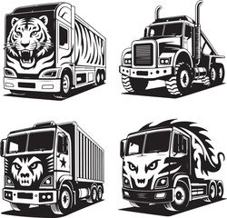 Four Black and White Vector Illustrations of Trucks with Animal Faces semi-truck tractor-trailer