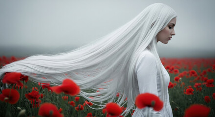 Fantasy portrait of a woman with long white hair in a red poppy field. Surreal and melancholic beauty concept.