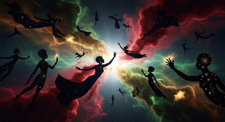 Ethereal space scene of silhouettes amidst colorful nebula, ideal for spiritual themes, fantasy book covers, or cosmic event promotions, fantasy art, magic. Astrology use.
