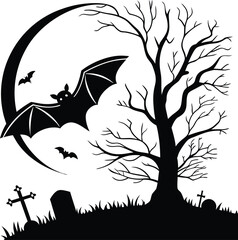 Halloween Bat  Flying Vector File, Haunted Tree Vector Design, Dark Bat 