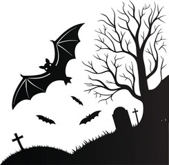 Halloween Bat  Flying Vector File, Haunted Tree Vector Design, Dark Bat 