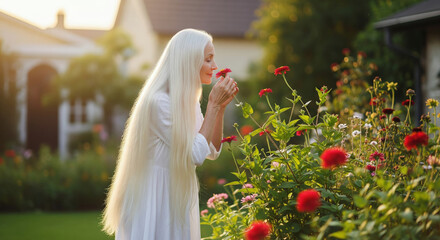 Serene senior woman with long white hair smelling flowers in a garden at sunset. Concept of enjoying nature and graceful aging.