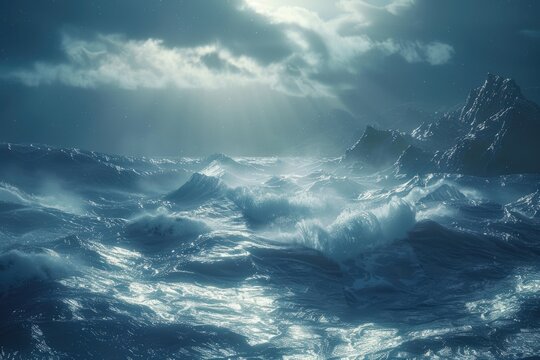 A dramatic seascape at night, featuring turbulent waves crashing against rocky outcrops under a moonlit, cloudy sky.  The scene evokes a sense of power and untamed nature