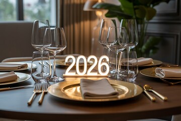 Elegant table setting for a celebration in 2026 with gold accents and fine dining glassware