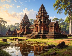 Obraz premium Banteay Srei Temple in Cambodia reflecting in a serene water pond