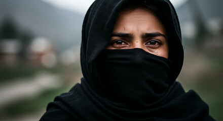 Close-up portrait of a young woman wearing a black hijab, her face partially obscured.