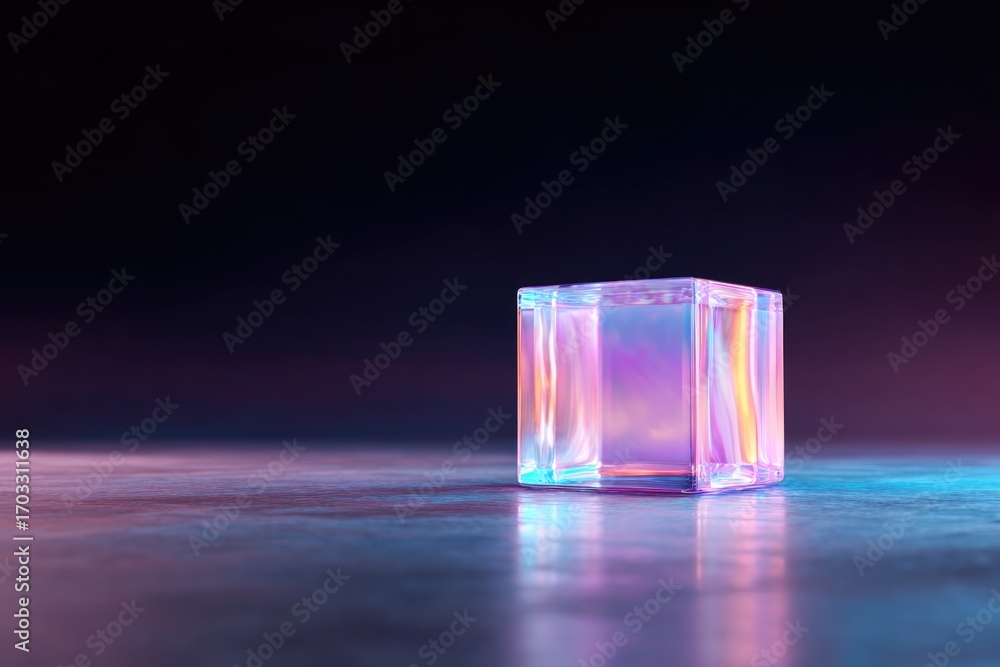 Poster glowing cube with vibrant reflections creates captivating visual