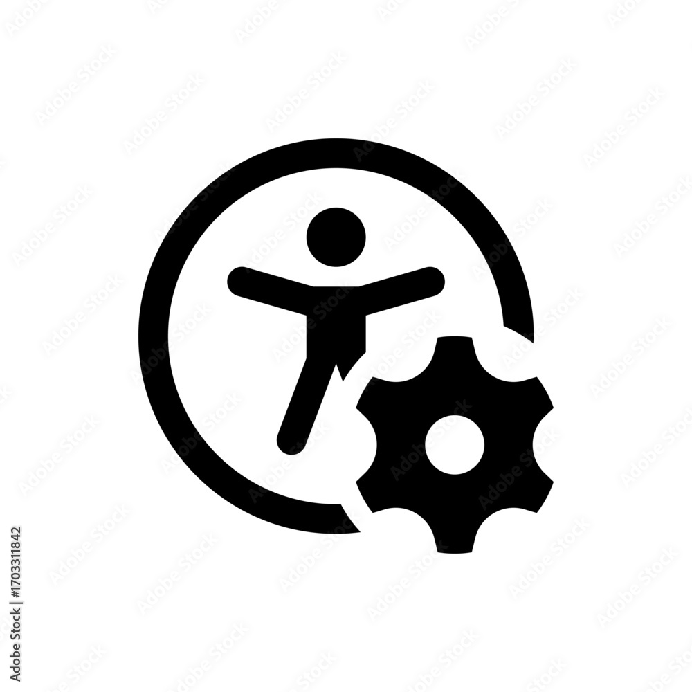Poster person symbol inside a circle with arms outstretched and a gear icon overlapping the circle design e