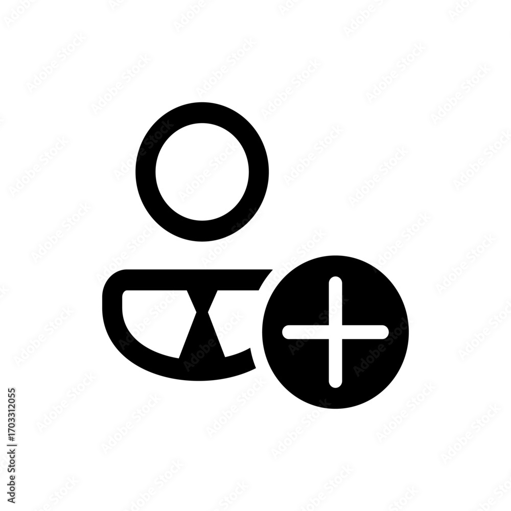 Poster black silhouette of a user icon with a circle for the head and a plus sign indicating add user funct