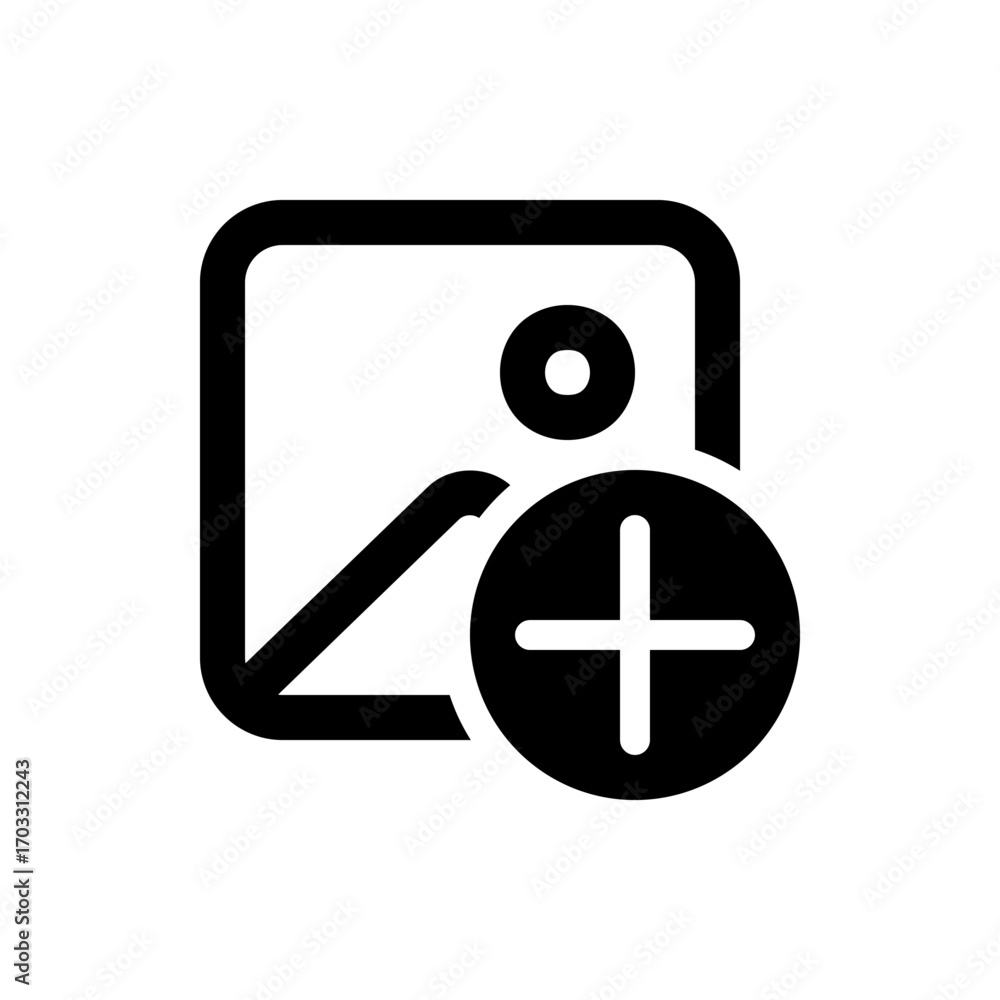 Poster black and white graphic of a rounded rectangle with a landscape and a plus sign on the bottom right 