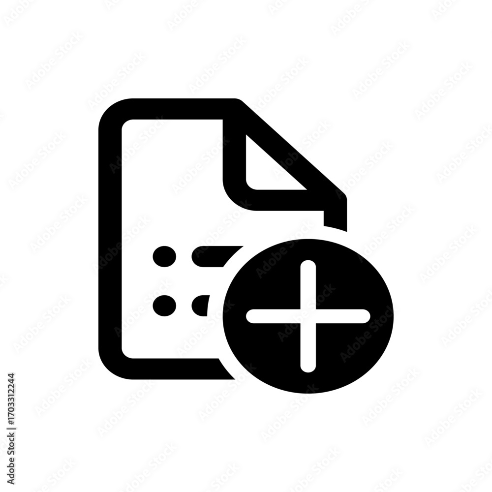 Poster black and white icon showing a document with a folded corner and a plus sign inside a circle, simple