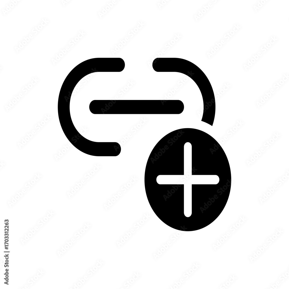 Poster black icon showing two curved lines connected by a straight line with a plus sign in a circle shape