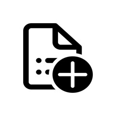 Black and white icon showing a document with a folded corner and a plus sign inside a circle, simple design