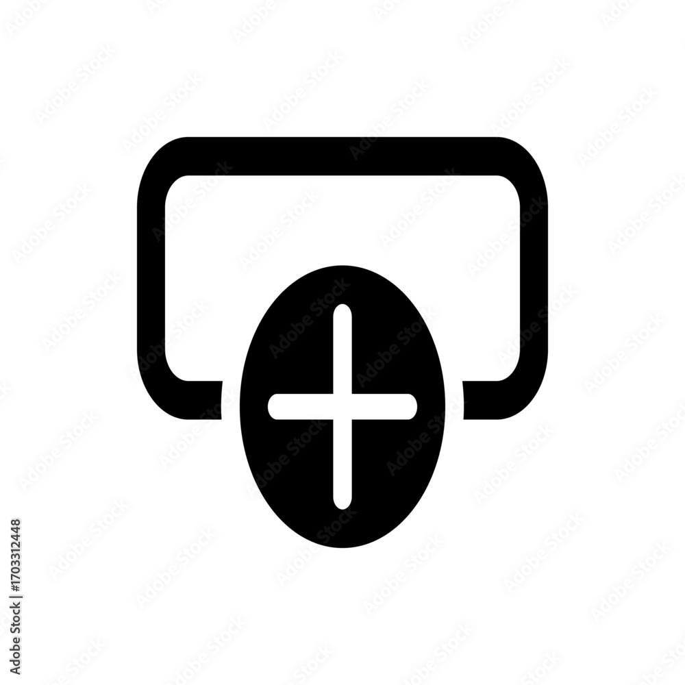 Poster black rounded rectangle outline with a black circle containing a white plus symbol in the center