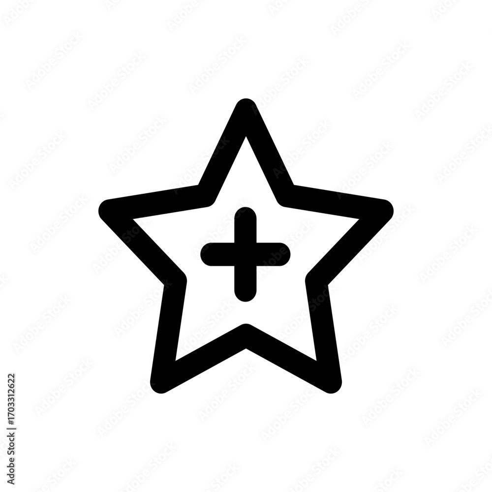 Poster black outlined star with rounded edges containing a plus sign in the center on a white background ic