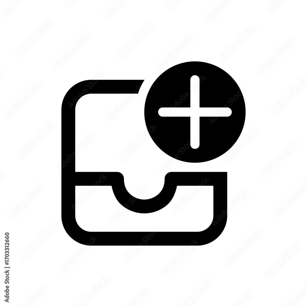 Aufkleber black outline of a drawer with a rounded front and a plus sign in a circle on the top right corner