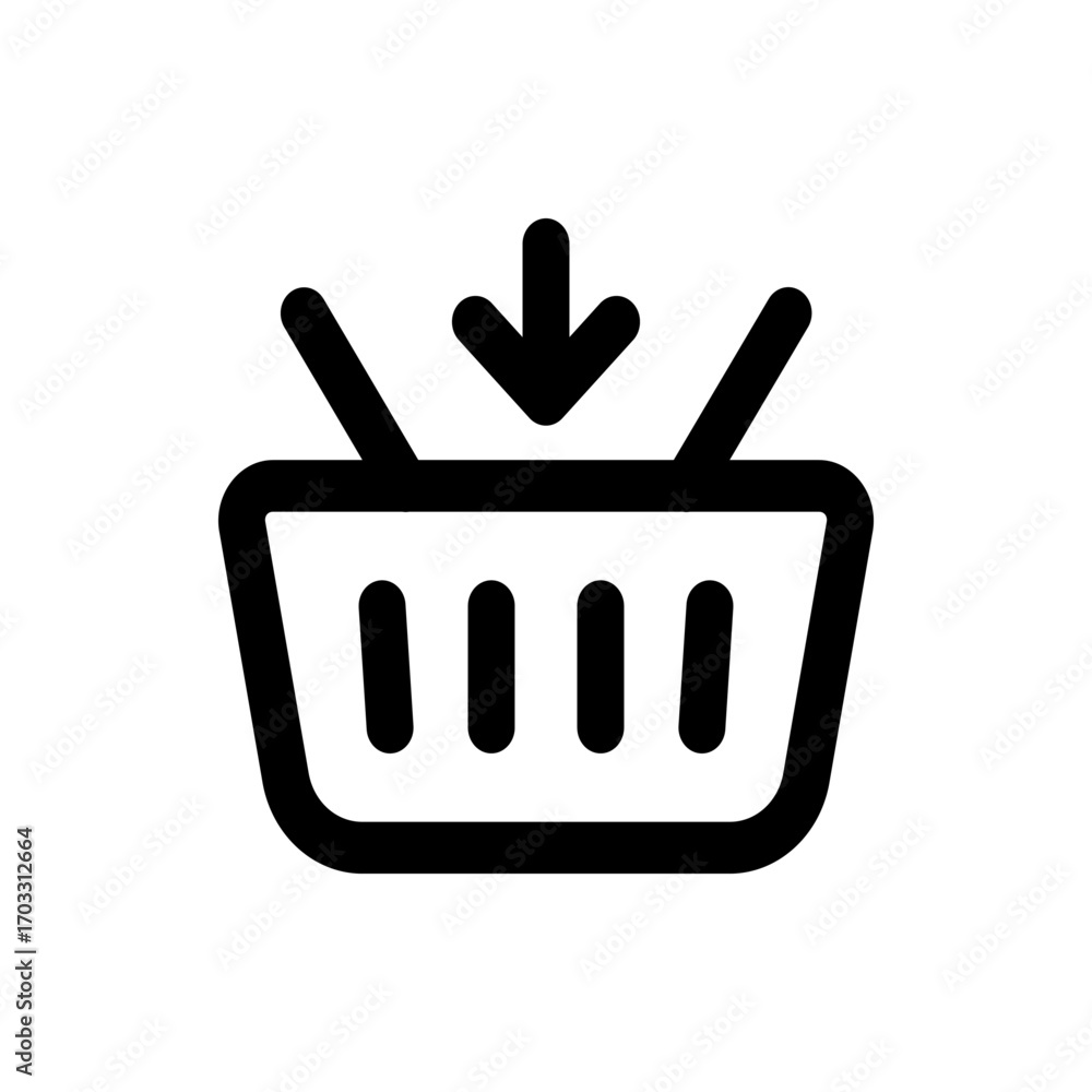 Poster Black shopping basket icon with a downward pointing arrow indicating adding to cart in a simple design