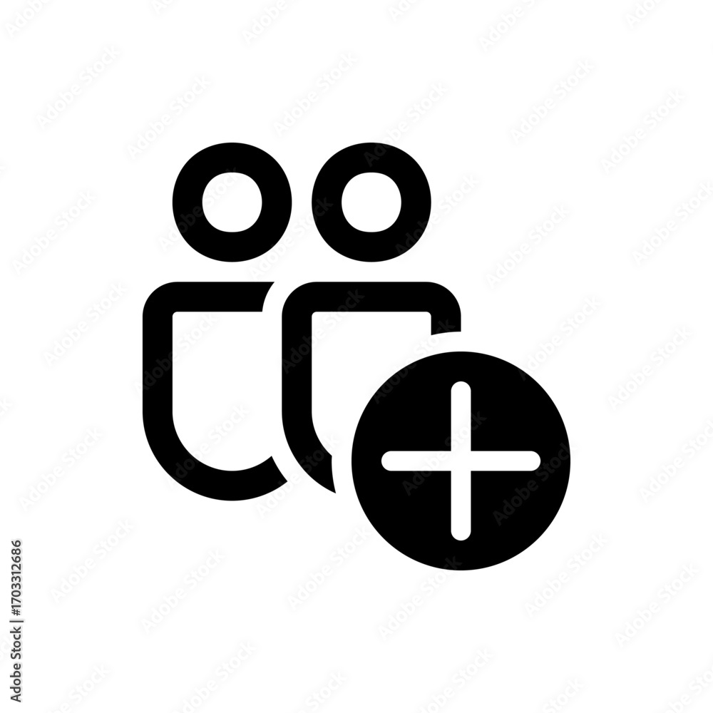 Poster illustration of a group of people icon with an addition symbol indicating adding a new member icon d