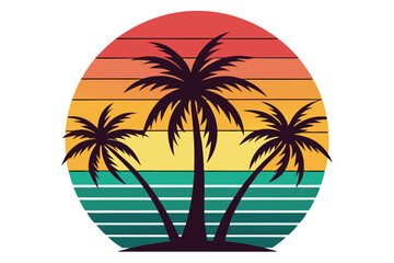Three silhouette palm trees stand against a retro sunset on a white background