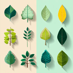 Collection of stylized flat design leaves in various green and yellow hues