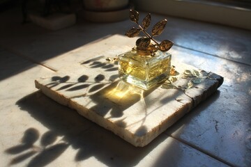 Sunlight highlights a small, square, glass perfume bottle on a marble tray