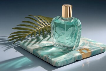 Teal perfume bottle on a marbled stone tray, palm leaf