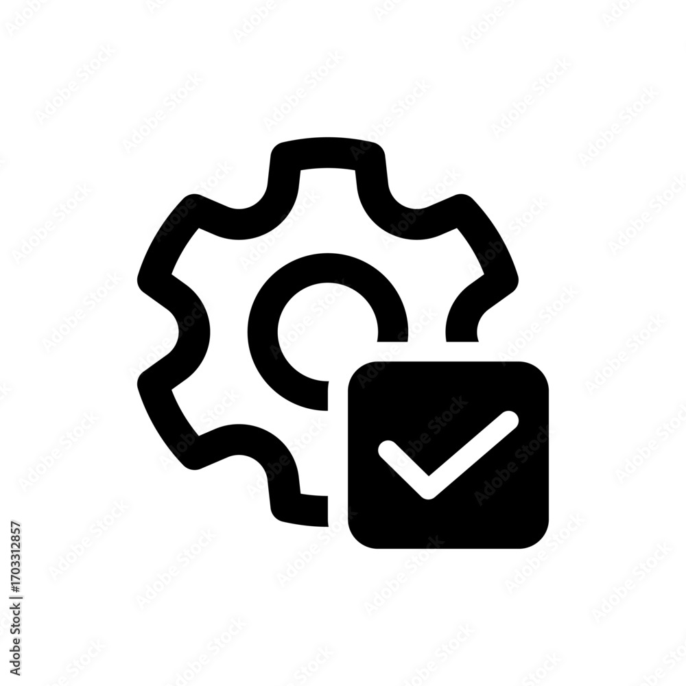 Poster gear icon with check mark inside a square shape indicating settings confirmation and successful conf