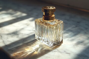 Perfume bottle, light, marble, shadows