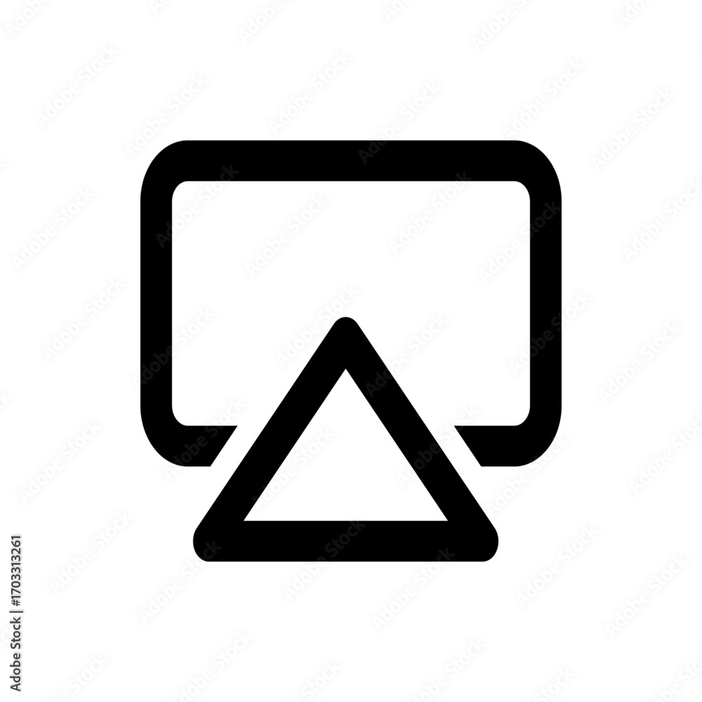 Poster black and white illustration of a screen with an upward pointing triangle below it in a simple style