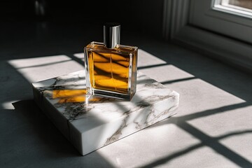 Amber perfume bottle on marble platform, sunlit