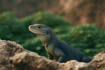 Obraz premium Lizard resting on rocky terrain, blending beautifully with lush
