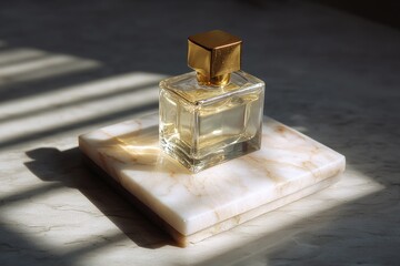 Golden perfume bottle on marble, sunlit
