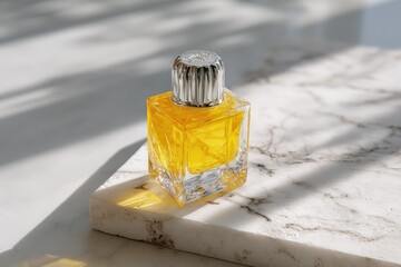 Small, square, amber perfume bottle on marble