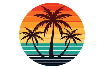 Three palm trees stand tall against a vibrant sunset sky within a circular frame