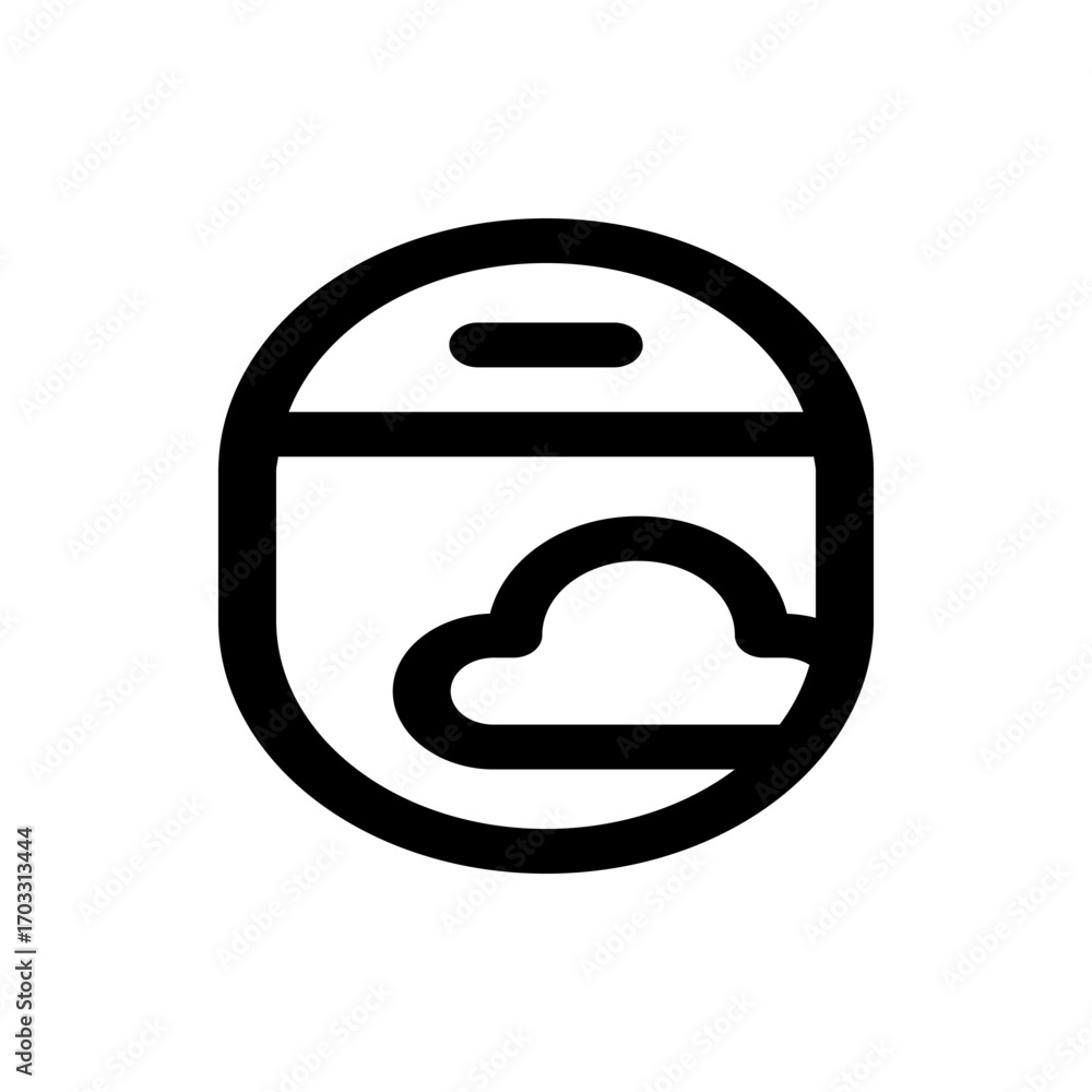 Poster airplane window view showing a cloud with dark outline in a simple black and white line drawing styl