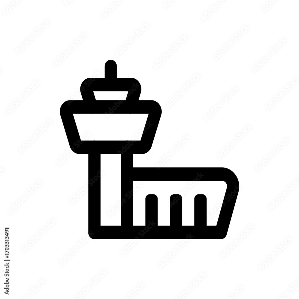 Poster illustration of an airport control tower with a runway and a simple black and white color scheme des