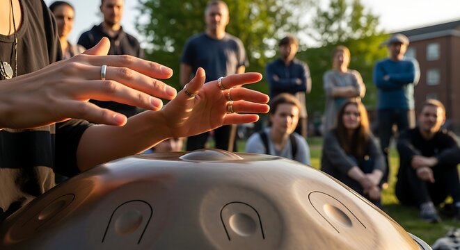 Group of people gathered around a handpan drum during an outdoor music workshop.