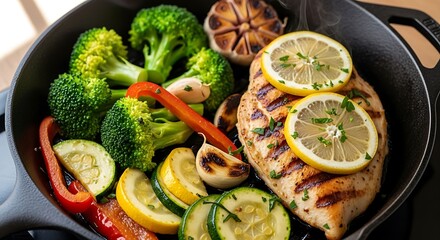 Grilled chicken breast with vegetables in cast iron pan close up view