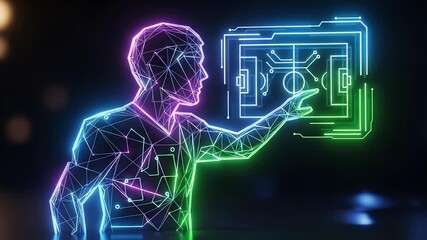 Digital Football Manager: The fusion of sports and technology. A digitized representation of a football coach is shown, engaging with an interactive holographic display. - Powered by Adobe