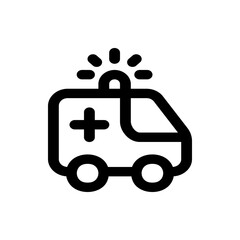 A simple black and white line drawing of an ambulance with a cross and flashing lights on top icon image