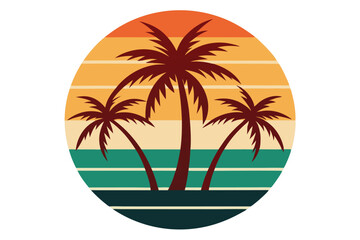Fototapeta premium Retro sunset silhouette features a trio of palm trees against a striped background