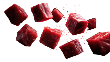 Fresh, cubed beef meat, airborne,  with spice particles