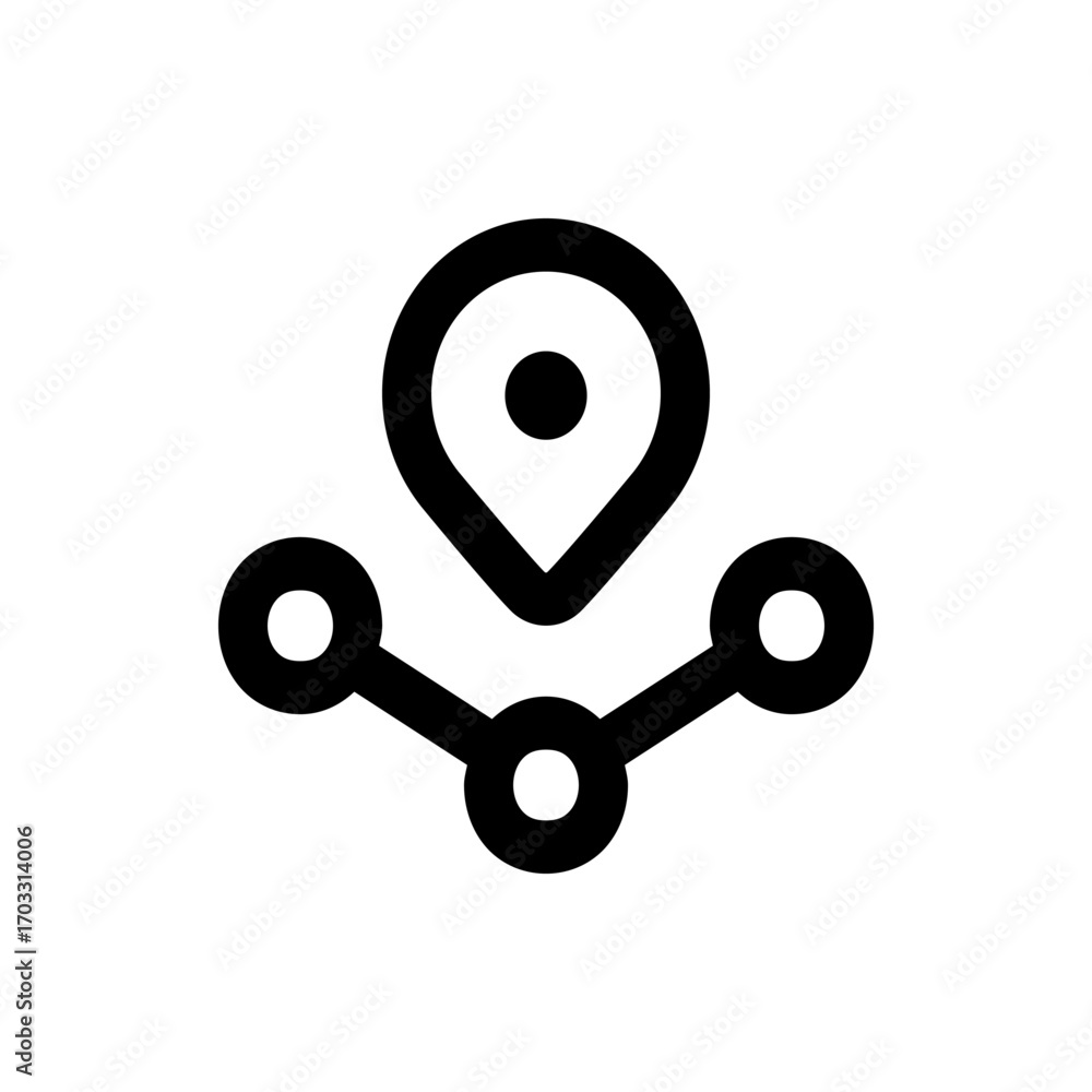 Poster black location pin above a line graph with three circle nodes on a white plain background icon