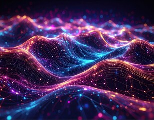 Futuristic Holographic Data Stream with Pink Blue and Orange Trails