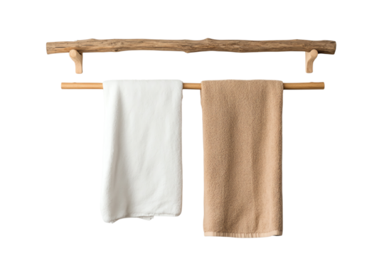 Two towels hanging on a wooden rack against a white background, showcasing soft textures and neutral colors.