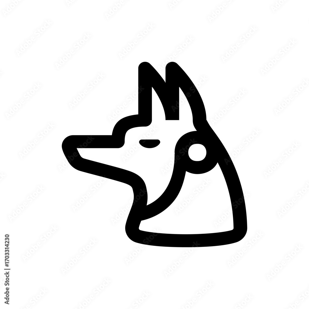 Poster illustration of a stylized dog head in profile with pointy ears and a simple circular eye design ele