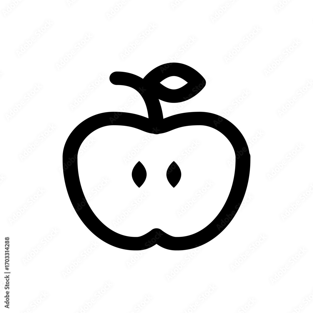 Poster illustration of a sliced apple with visible seeds and a stem and leaf in a simple black outline