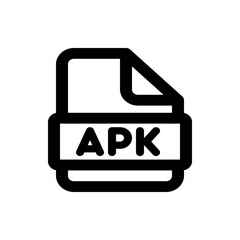 Illustration of a file icon with the letters apk in bold font representing an android package kit file